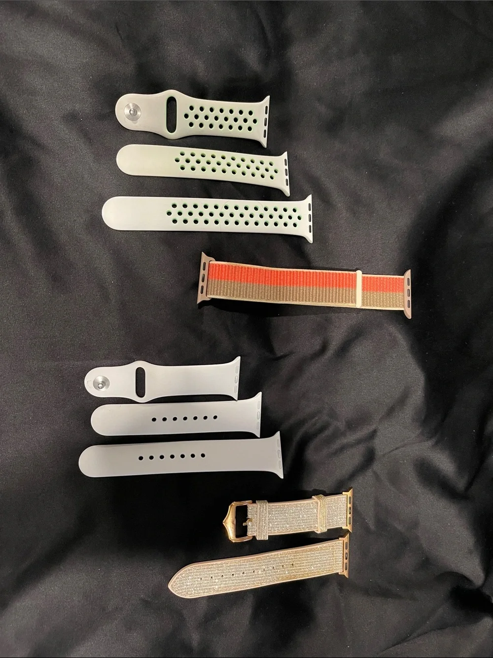 Apple Watch Bands - White, Green-Trim, Orange-Tan, and (no brand) Gold Crystal